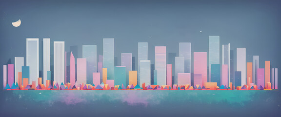 Illustrative color illustration of a cityscape or skyline of a distant city in a graphic style