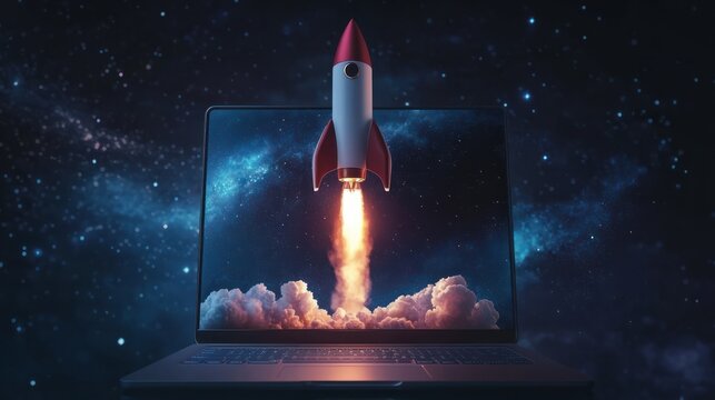 Launching Space Rocket From Laptop Screen. Generative AI