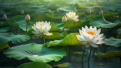The lotus flowers appear especially delicate and radiant under the summer sunlight, while the verdant lotus leaves are like jade, embedded in the pond. 