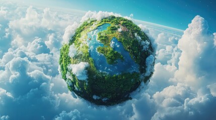 Fototapeta premium miniature lush green planet floating in space detailed ecosystems visible swirling clouds vibrant blue oceans environmental concept