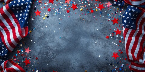 Fototapeta premium Patriotic American Celebration with Flags, Confetti and Stars