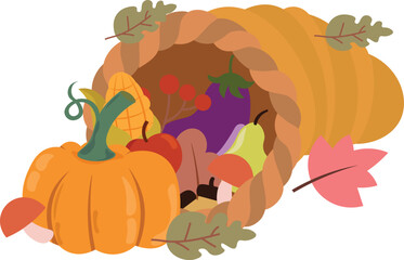 Cornucopia full of pumpkins, berrys, wheat and autumn leaves