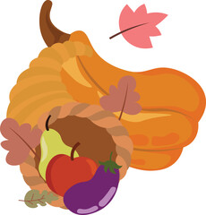 Cornucopia full of pumpkins, berrys, wheat and autumn leaves