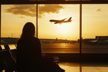 travel by plane, woman passenger waiting in airport, silhouette of passenger watching aircraft taking off