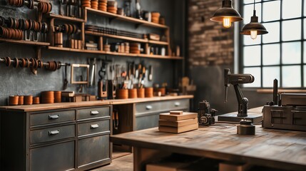 A rustic workshop filled with tools, wooden surfaces, and warm lighting, perfect for crafting and woodworking enthusiasts.