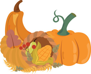Cornucopia full of pumpkins, berrys, wheat and autumn leaves
