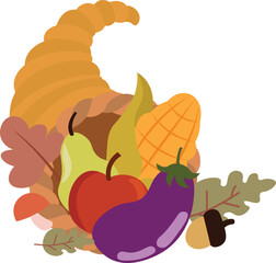 Cornucopia full of pumpkins, berrys, wheat and autumn leaves