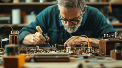 An elderly craftsman focuses on intricate work, surrounded by tools and vintage electronics in a cozy workshop environment.