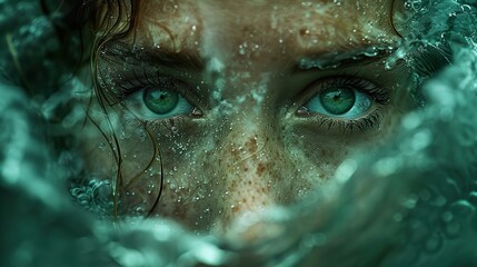 Close-up portrait of a woman's face with green eyes partially submerged in water, with splashes and droplets.