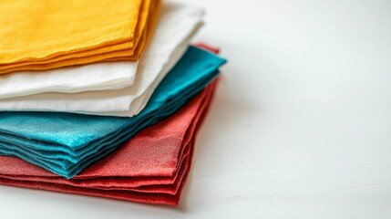 A set of neatly folded colorful fabric cloths with a textured pattern in teal, white, yellow, red, and orange, on a white surface.