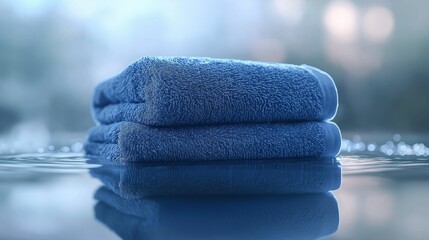A neatly folded blue towel with a plush texture rests on a reflective surface.