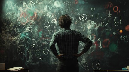 A man stands before a blackboard filled with abstract scribbles and symbols.