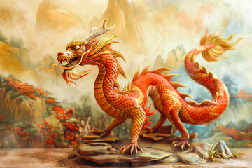 Obraz premium chinese new year, chinese style dragon statue, iconic dragon, wallpaper dragon, red dragon, dragon wood, ilstration dragon, sio naga, imlek tahun baru