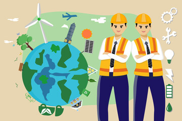 Career wind turbine engineer behind clean energy and the concept of saving the world to create green space in the future