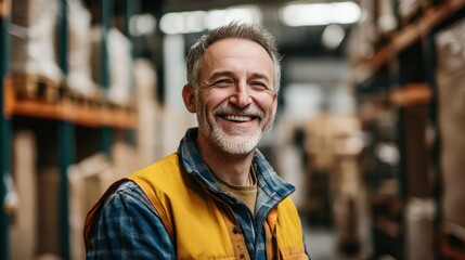 Smiling portrait of a happy middle aged warehouse worker or manager working in a warehouse