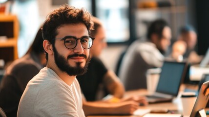 Young man at desk in office setting, smiling and working on laptop