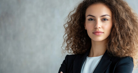 Confident young woman with curly hair in formal attire