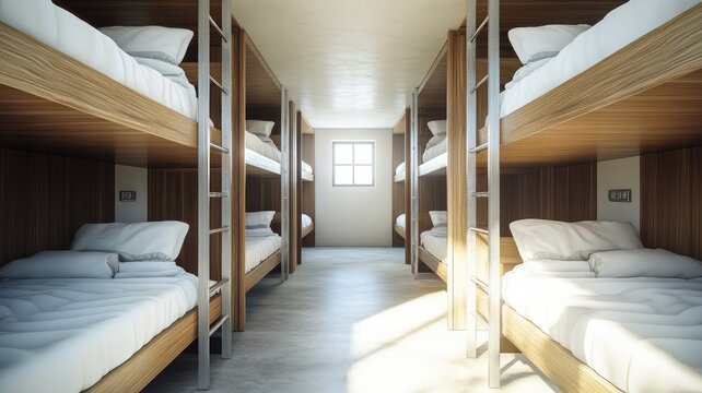 Sunlit dormitory with wooden bunk beds and neatly made white bedding