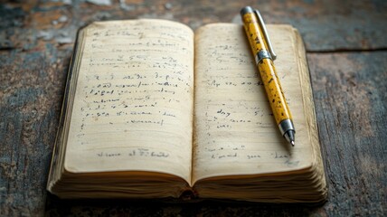 Vintage notebook with handwritten notes and antique pen on rustic table
