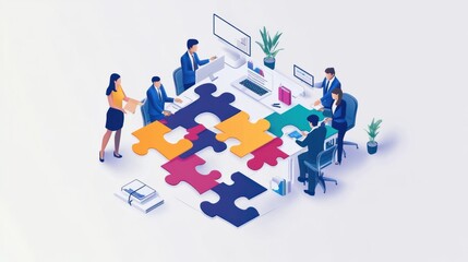This isometric landing page represents a team of business people working at an office desk in the shape of connected puzzle pieces. The concept of cooperation, partnership, and connection is