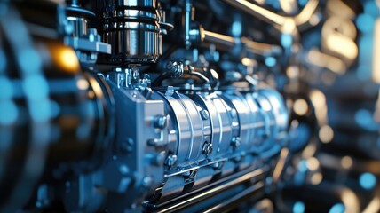 Fototapeta premium Closeup of detailed industrial engine with metallic parts and machinery elements