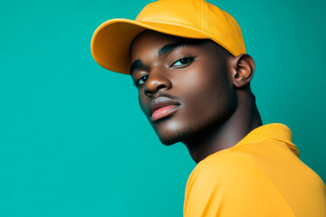 Trendy Mens Bright Yellow Cap with Solid Neon Teal Modern Portrait Featuring a Vibrant Neon Lifestyle Background