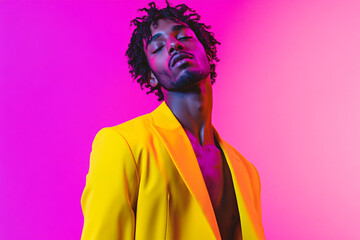 Fashionable Mens Bright Yellow Blazer with Solid Neon Purple Chic Portrait Featuring a Striking Neon Background