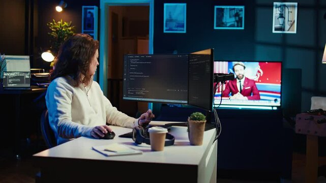 Teleworking system administrator futureproofing company network from downtimes and unexpected failures. Remote IT employee typing on keyboard, increasing data security, camera B