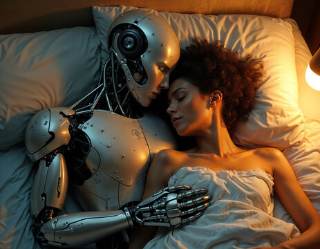 Intimate Moment Between Human and Robot in Bed