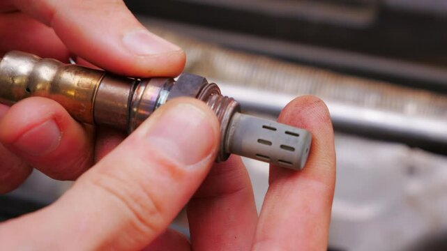 Close up view of a mechanic examining an oxygen sensor, rotating the part in hands. The sensor features a ceramic tip, highlighting its role in engine emission control and diagnostics