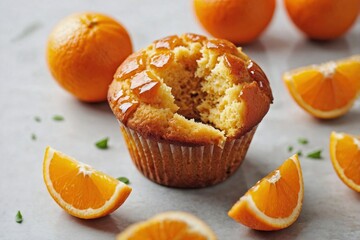 Orange Muffins: Orange muffin on a plain white surface, with a few fresh orange segments beside it.