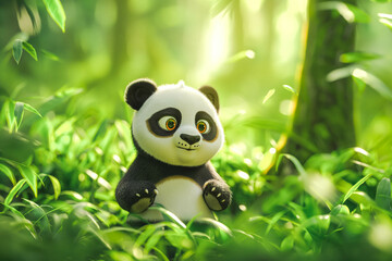 Naklejka premium a cute adorable baby panda stands in nature in the style of children-friendly cartoon animation fantasy 3D style Illustration