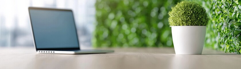 A sleek laptop on a wooden desk beside a vibrant green plant, perfect for workspace inspiration and productivity.