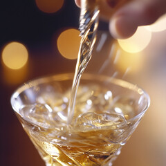 Bartender pours cocktail into the cup, blur bar background