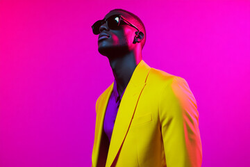Fototapeta premium Mens Bright Yellow Blazer with Neon Purple Background Fashionable Lifestyle Portrait with Bold Style and Trendsetting Look
