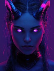 Digital portrait of a woman with glowing horns and violet eyes, mixing fantasy and futuristic elemen