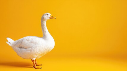 Fototapeta premium White goose standing against bright yellow background