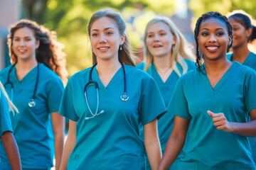 Diverse team of medical students young women in scrubs walk together on a university hospital campus.
