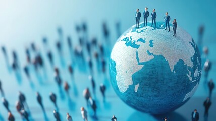 Businesspeople standing on globe representing global teamwork, leadership, and diversity