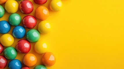 Colorful round candies on bright yellow background