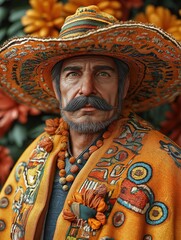 Obraz premium Older man with gray mustache in sombrero and colorful orang.