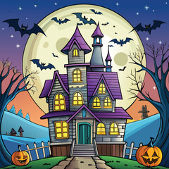 a halloween haunted house with a full moon and bats