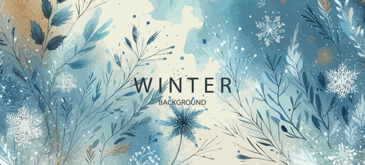 Abstract art winter minimalistic background with brush texture and flying snowflakes. Christmas background. Hand-painted natural art with glowing elements . Winter border with landscape