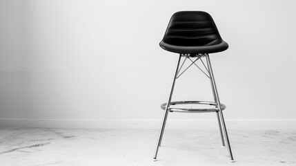 Black bar stool with metallic legs on a white surface.