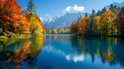 Treglao National Park. Kranjka Gora, Slovenia. Amazing view with mountain lake and colorful trees