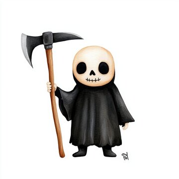 recommend clip art: A single cute grim reaper holding a tiny scythe, watercolor illustration, clipart, isolated on pure white background