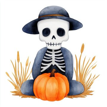 recommend clip art: A single cute grim reaper with a tiny pumpkin at his feet, watercolor illustration, clipart, isolated on pure white background