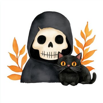 recommend clip art: A single cute grim reaper with a black cat on his shoulder, watercolor illustration, clipart, isolated on pure white background