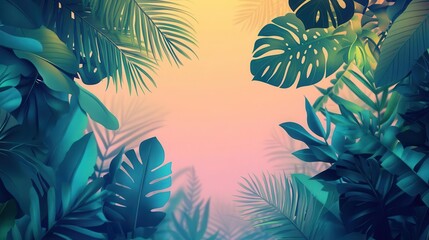 Jungle leaves with gradient depth, flat design, front view, exotic paradise theme, animation, colored pastel