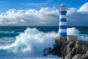 Obraz premium a blue and white striped lighthouse on a rock with sea waves crashing against it, geneative AI